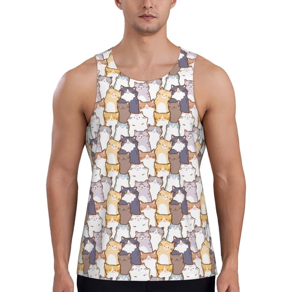 Lsque Cartoon Cat Pattern Mens Tank Tops Muscle Athletic Quick Dry Sleeveless Workout Fitness T Shirts Beach Tank Top, Loose-fit Sleeveless Shirt for Men-Medium