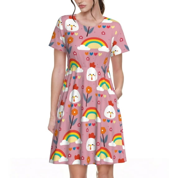 Lsque Cartoon Chicken Print Women's Casual Dress T-Shirt Summer Short Sleeve Scoop Neck Swing Dresses