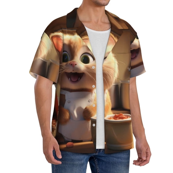 Lsque Cartoon Cooking Cat print Men's Cuban Collar Short Sleeve Shirt Summer Beachwear Casual Button Down Fashionable Vacation Leisure Shirt-3X-Large