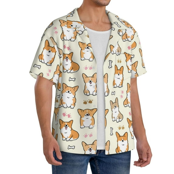 Lsque Cartoon Corgi print Men's Cuban Collar Short Sleeve Shirt Summer Beachwear Casual Button Down Fashionable Vacation Leisure Shirt-Small