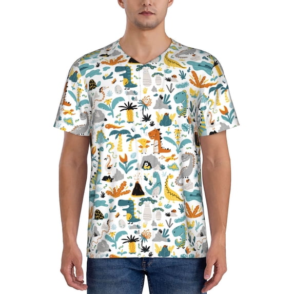 Lsque Cartoon Dinosaur Pattern Mens Polo Golf Shirts Funny Graphics Shorts Sleeve Button Shirts Baseball T-shirt-3X-Large