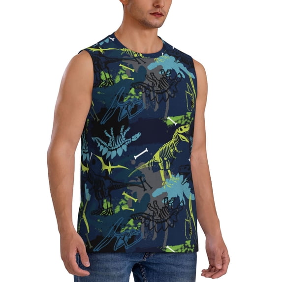 Lsque Cartoon Dinosaur Print Men's Cotton Blend Sleeveless Muscle Shirts (S-3XL)- Moisture Wicking, Odor Protection, UPF 30+,Small