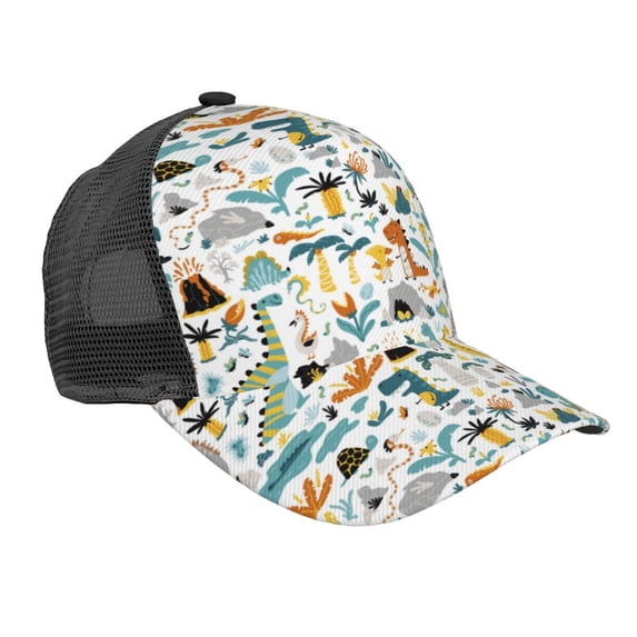 Lsque Cartoon Dinosaur Printed Trucker Hat - Baseball Cap for Men Women - Breathable Mesh Side, Adjustable Fit - for Casual Wear