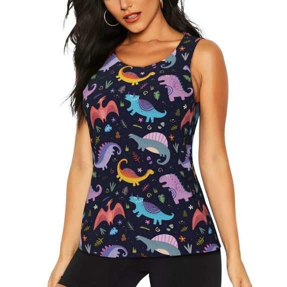 Lsque Cartoon Dinosaur Printed Workout Tank Tops for Women, Athletic Sports Tank Tops, Compression Sleeveless Dry Fit Shirts,Sleeveless Yoga Shirt-Medium