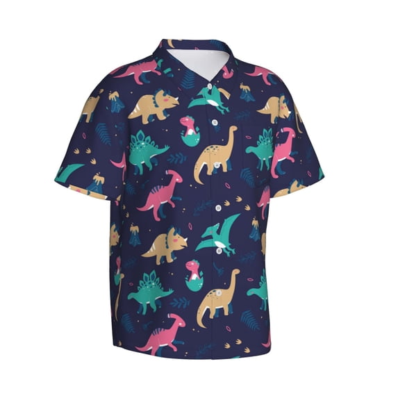 Lsque Cartoon Dinosaur pattern Hawaiian Shirt for Men, Unisex Summer Beach Casual Short Sleeve Button Down Shirts-Medium