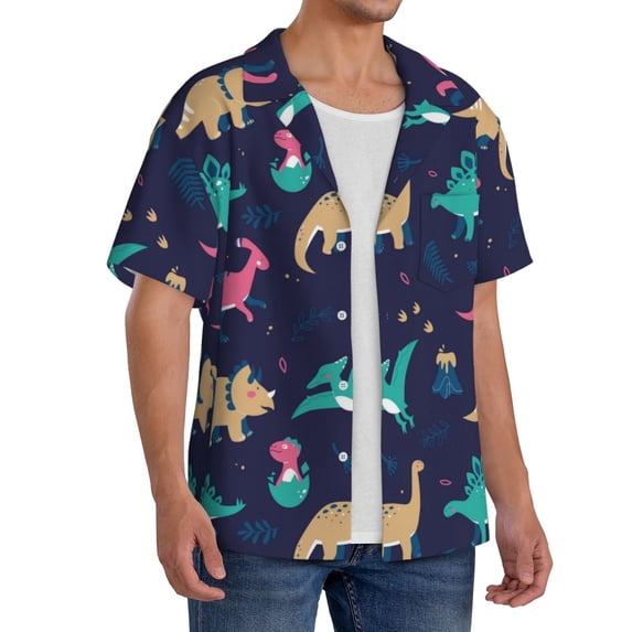 Lsque Cartoon Dinosaur print Men's Cuban Collar Short Sleeve Shirt Summer Beachwear Casual Button Down Fashionable Vacation Leisure Shirt-X-Large