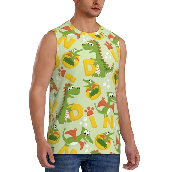 Lsque Cartoon Dinosaurs Print Men's Cotton Blend Sleeveless Muscle Shirts (S-3XL)- Moisture Wicking, Odor Protection, UPF 30+,Large