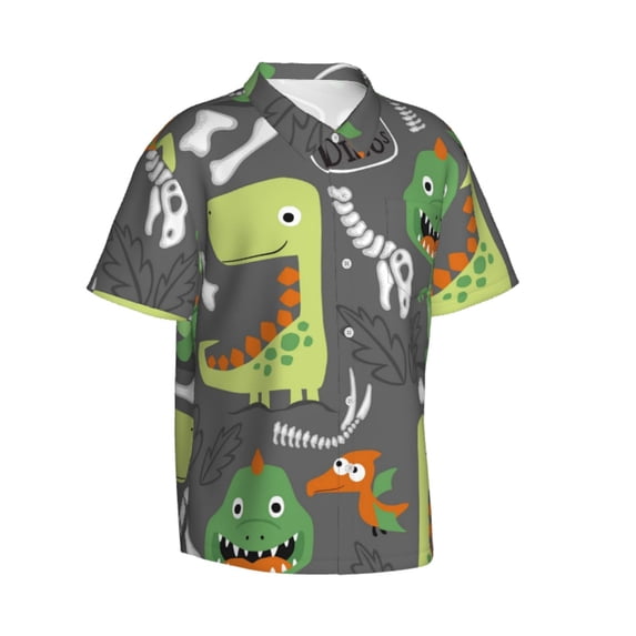 Lsque Cartoon Dinosaurs pattern Hawaiian Shirt for Men, Unisex Summer Beach Casual Short Sleeve Button Down Shirts-Large