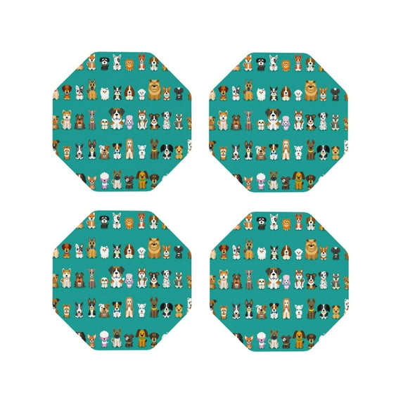 Lsque Cartoon Dogs Pattern 4" Drink Coasters Set of 4, PVC Leather Absorbent Coasters, Table Coaster Set Decorative Coffee Cup Coasters Housewarming Gift -Octagon