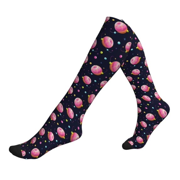 Lsque Cartoon Donut Planets Pattern Sport Compression Socks for Men & Women 15-20 mmHg Knee High Nurse Pregnant Running Medical and Travel Athletic