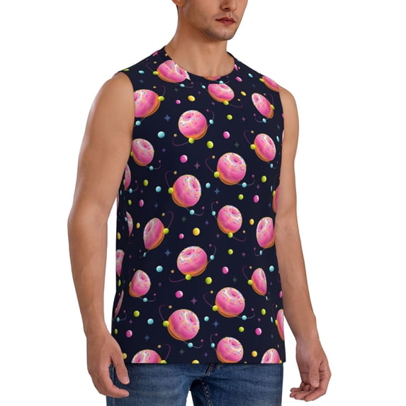 Lsque Cartoon Donut Planets Print Men's Cotton Blend Sleeveless Muscle Shirts (S-3XL)- Moisture Wicking, Odor Protection, UPF 30+,Medium
