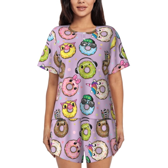 Lsque Cartoon Donuts Women's Short-Sleeved Pajama Set - 2 Piece Soft and Lightweight Sleepwear Set-X-Large