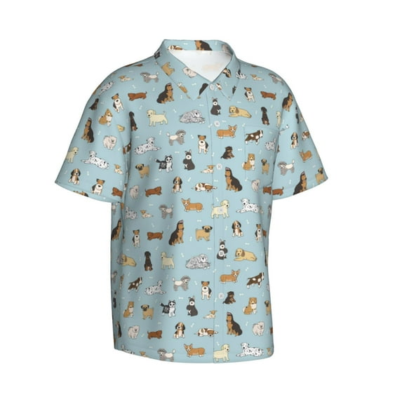 Lsque Cartoon Doodle Puppy pattern Hawaiian Shirt for Men, Unisex Summer Beach Casual Short Sleeve Button Down Shirts-X-Large