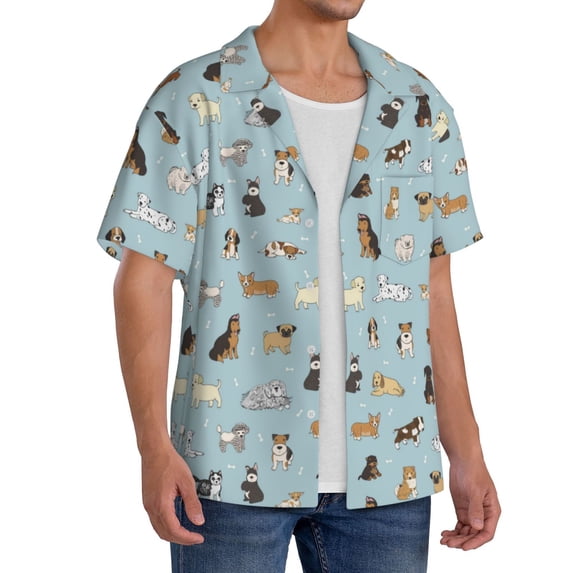 Lsque Cartoon Doodle Puppy print Men's Cuban Collar Short Sleeve Shirt Summer Beachwear Casual Button Down Fashionable Vacation Leisure Shirt-X-Large