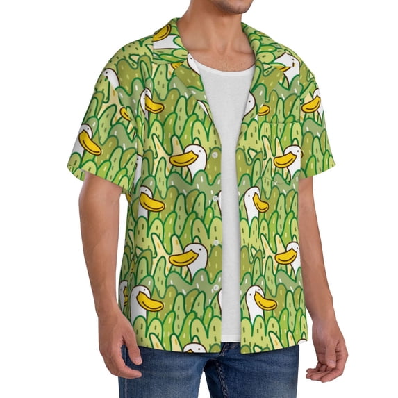 Lsque Cartoon Duck print Men's Cuban Collar Short Sleeve Shirt Summer Beachwear Casual Button Down Fashionable Vacation Leisure Shirt-Large