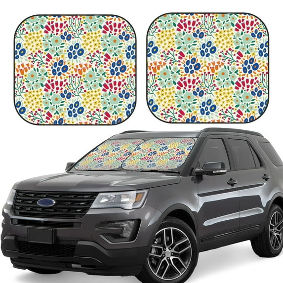 Lsque Cartoon Flowers 2 PCS Windshield Sun Shade | CarFoldable Window Covers | Car Accessories Reflect UV for Universal Cars SUV Truck | Small