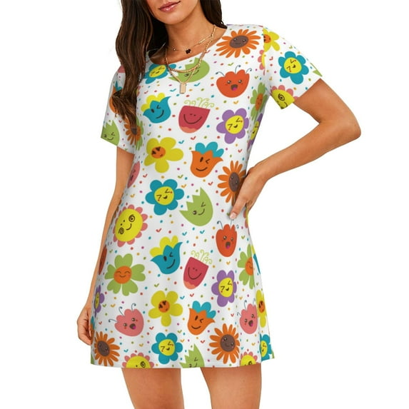 Lsque Cartoon Flowers Pattern Nightgowns for Women Sleep Shirts Short Sleeve Nightshirt Pullover Nightdress Soft Sleepwear Relaxed Fit Nightdress