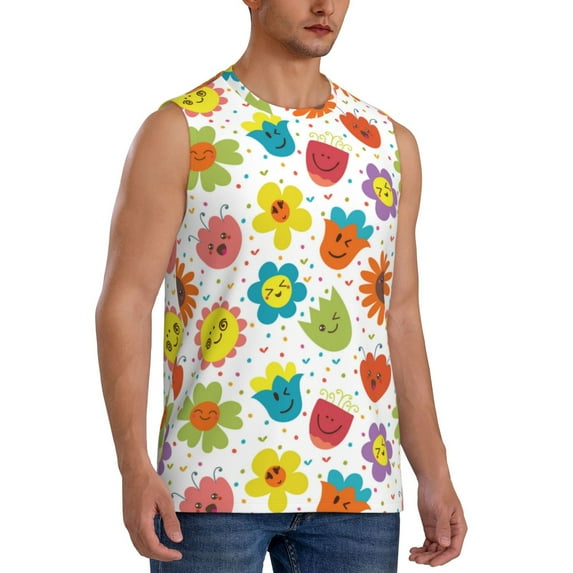 Lsque Cartoon Flowers Print Men's Cotton Blend Sleeveless Muscle Shirts (S-3XL)- Moisture Wicking, Odor Protection, UPF 30+,Medium