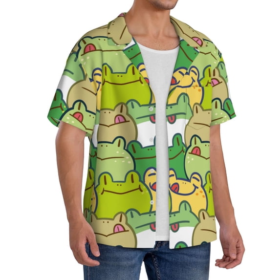 Lsque Cartoon Frog print Men's Cuban Collar Short Sleeve Shirt Summer Beachwear Casual Button Down Fashionable Vacation Leisure Shirt-Large
