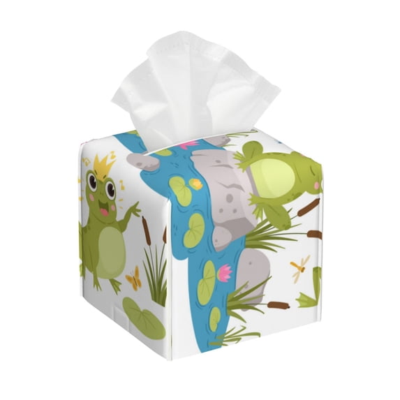 Lsque Cartoon Frogs Printed Tissue Box Cover Holder, Facial Paper Organizer Dispenser,Square with Bottom Belt, PVC Leather Decorative Organizer