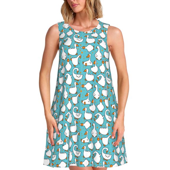 Lsque Cartoon Funny Goose Pattern Summer Dresses for Women – Sleeveless T-Shirt Swing Sundress, Perfect for the Beach and Casual Days