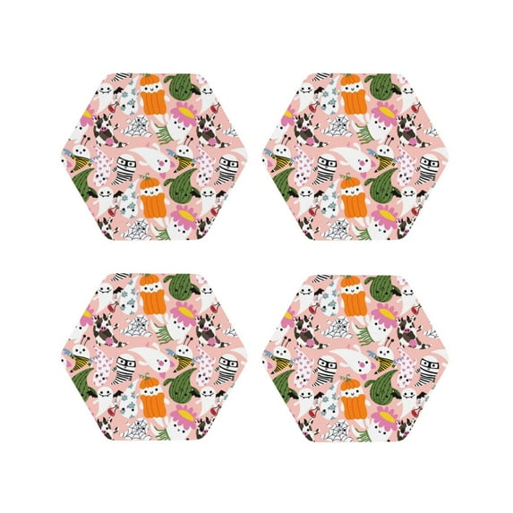 Lsque Cartoon Halloween Pattern 4" Drink Coasters Set of 4, PVC Leather Absorbent Coasters, Table Coaster Set Decorative Coffee Cup Coasters Housewarming Gift -Hexagon