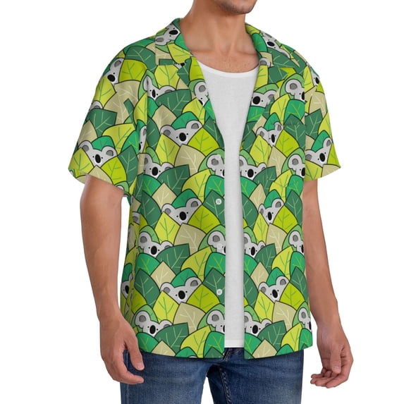 Lsque Cartoon Koala Bear and Leaf print Men's Cuban Collar Short Sleeve Shirt Summer Beachwear Casual Button Down Fashionable Vacation Leisure Shirt-Large