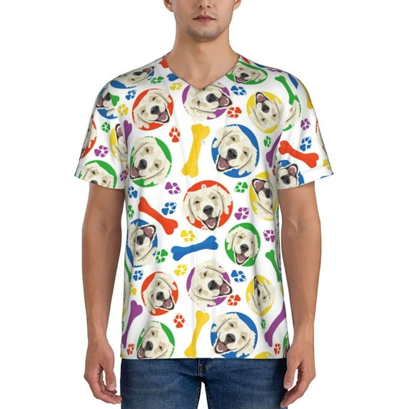 Lsque Cartoon Labrador Retriever Pattern Mens Polo Golf Shirts Funny Graphics Shorts Sleeve Button Shirts Baseball T-shirt-Large