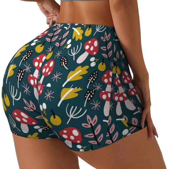 Lsque Cartoon Leaf Mushroom Red Pattern High Waisted Biker Shorts for Women-Tummy Control Fitness Athletic Workout Running Yoga Gym Shorts,Moisture-Wicking-XX-Large