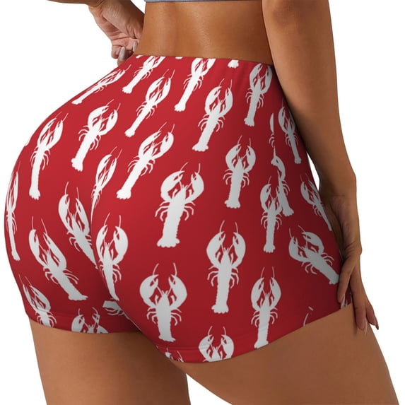 Lsque Cartoon Lobster Pattern High Waisted Biker Shorts for Women-Tummy Control Fitness Athletic Workout Running Yoga Gym Shorts,Moisture-Wicking-