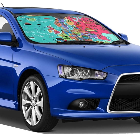 Lsque Cartoon Map Of Europe Car Windshield Sun Shade | Accordion Folding Style Auto Shade for Car Truck SUV Van | Blocks UV Rays Sun Visor Protector | Small