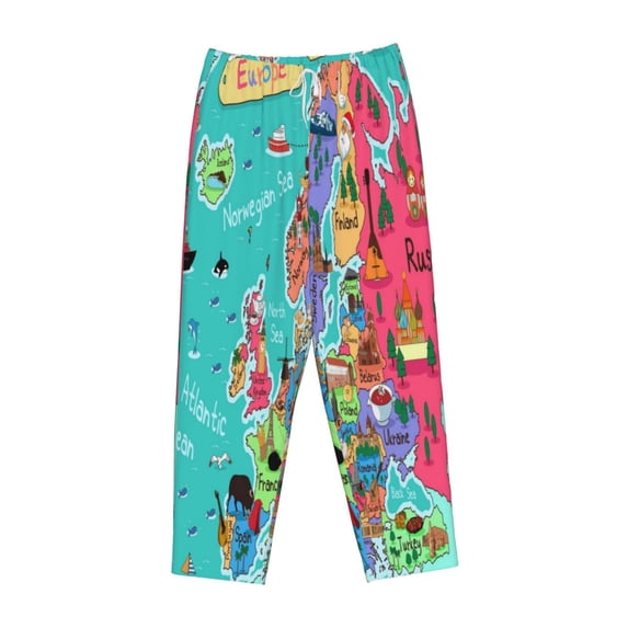 Lsque Cartoon Map Of Europe Print Women's Pajama Pants, Lounge Pant - Comfortable Home Wear,Elastic Waistband, Stylish Design-Small