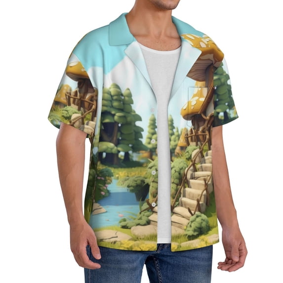 Lsque Cartoon Mushroom House print Men's Cuban Collar Short Sleeve Shirt Summer Beachwear Casual Button Down Fashionable Vacation Leisure Shirt-Small