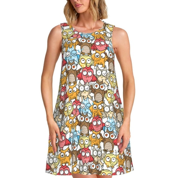 Lsque Cartoon Owls 1 Pattern Summer Dresses for Women – Sleeveless T-Shirt Swing Sundress, Perfect for the Beach and Casual Days