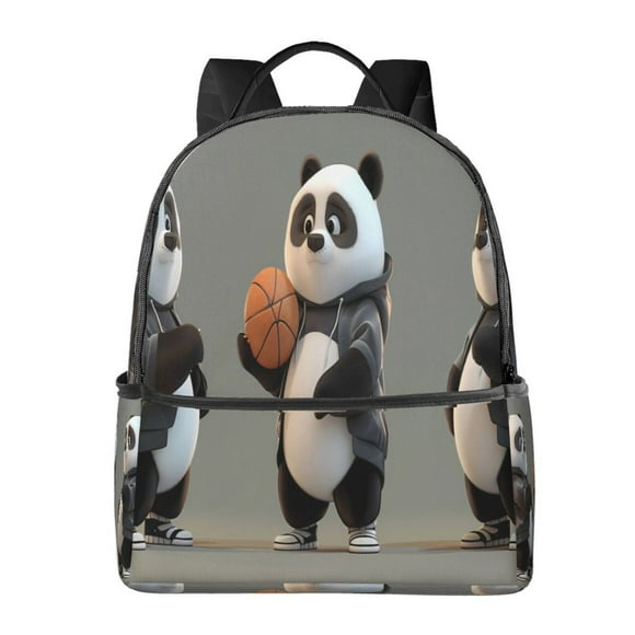 Cartoon Pandas Basketball Pattern Backpack School Travel Canvas Daypack with Ergonomic Padded Straps, Multiple Compartments & Leather Handle