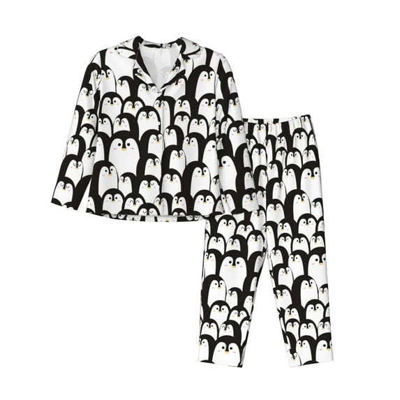 Lsque Cartoon Penguin Pattern Long Sleeve Pajama Set for Women - Soft 2-Piece Sleepwear and Loungewear Set with Pockets, Comfy Nightwear-