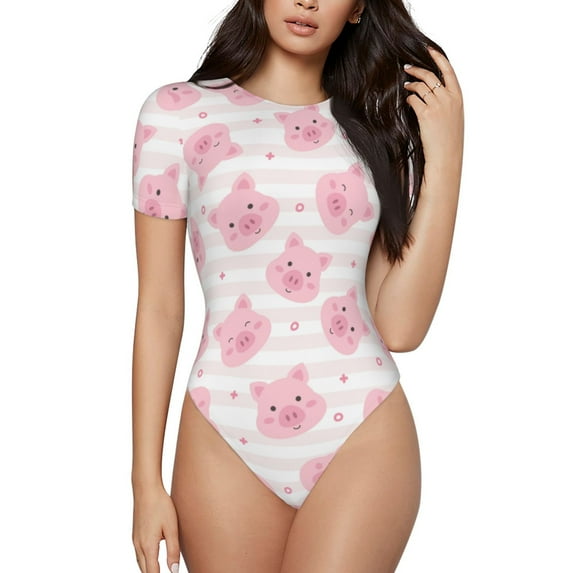 Lsque Cartoon Pig Women's Crew Neck Short Sleeve Bodysuit Basic T Shirts Tops Onesie Adult Cute Pajama-Large