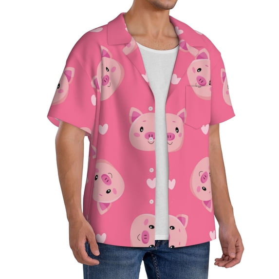 Lsque Cartoon Pigs and Hearts print Men's Cuban Collar Short Sleeve Shirt Summer Beachwear Casual Button Down Fashionable Vacation Leisure Shirt-X-Large