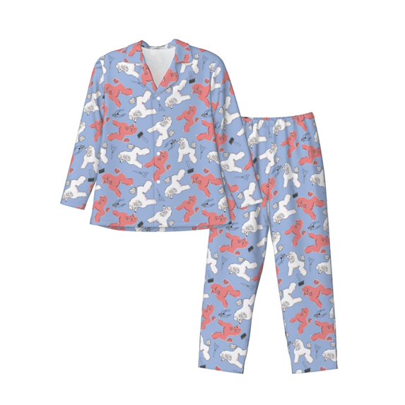 Lsque Cartoon Poodle Dog Pattern Long Sleeve Pajama Set for Men - Soft 2-Piece Sleepwear and Loungewear Set with Pockets, Comfy Nightwear-Large