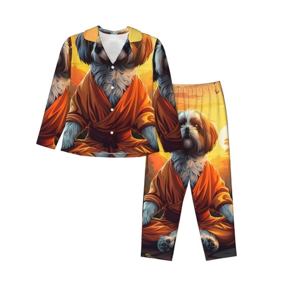 Lsque Cartoon Puppy Sunset Pattern Long Sleeve Pajama Set for Women - Soft 2-Piece Sleepwear and Loungewear Set with Pockets, Comfy Nightwear-XX-Large