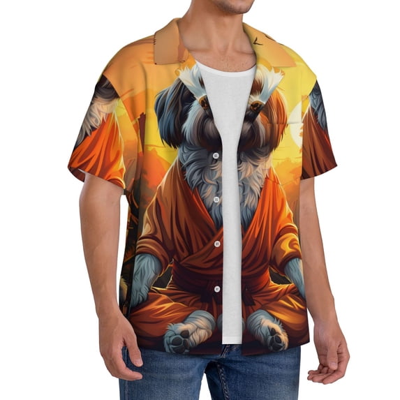 Lsque Cartoon Puppy Sunset print Men's Cuban Collar Short Sleeve Shirt Summer Beachwear Casual Button Down Fashionable Vacation Leisure Shirt-X-Large