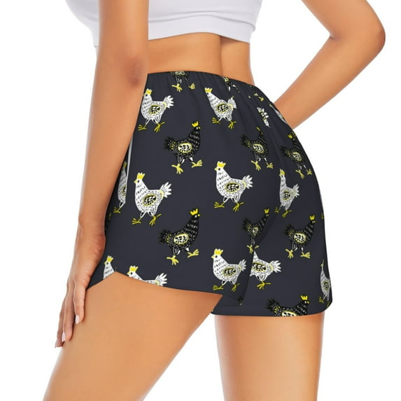 Lsque Cartoon Rooster Printed Women's Running Shorts with Liner Pockets,Elastic Quick Dry Workout Athletic Gym Yoga Shorts,Womens High Waist Shorts-Small