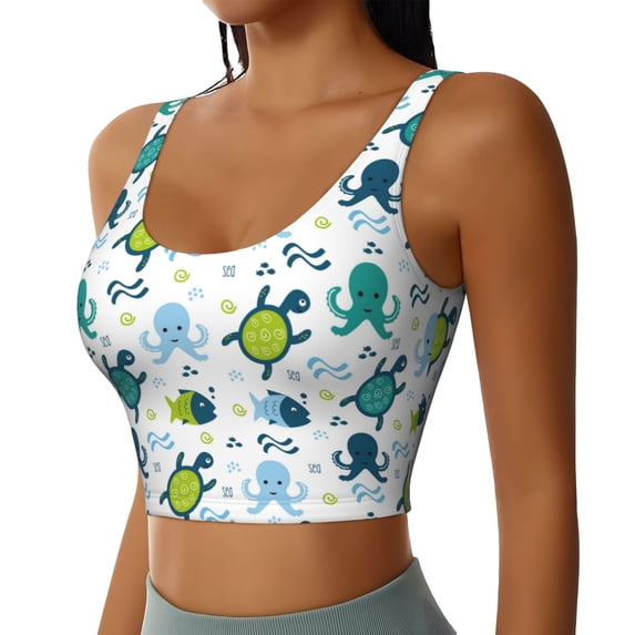 Lsque Cartoon Sea Creatures Printed Women'S Sports Bra, Compression, Moisture Wicking, High-Impact Sports Bra For Women,Supportive sports bra-X-Large