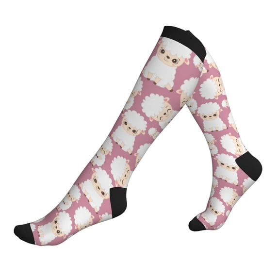 Lsque Cartoon Sheep Pattern Sport Compression Socks for Men & Women 15-20 mmHg Knee High Nurse Pregnant Running Medical and Travel Athletic