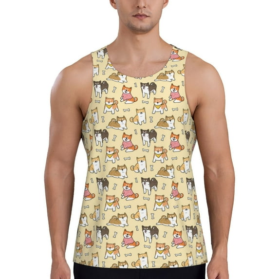Lsque Cartoon Shiba Inu Dog Pattern Mens Tank Tops Muscle Athletic Quick Dry Sleeveless Workout Fitness T Shirts Beach Tank Top, Loose-fit Sleeveless Shirt for Men-XX-Large