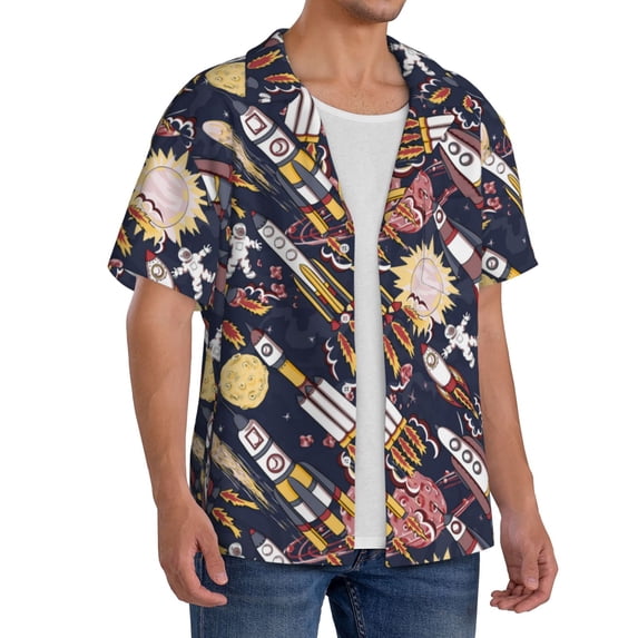 Lsque Cartoon Space 1 print Men's Cuban Collar Short Sleeve Shirt Summer Beachwear Casual Button Down Fashionable Vacation Leisure Shirt-Large