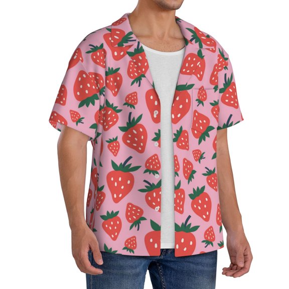 Lsque Cartoon Strawberry print Men's Cuban Collar Short Sleeve Shirt Summer Beachwear Casual Button Down Fashionable Vacation Leisure Shirt-3X-Large