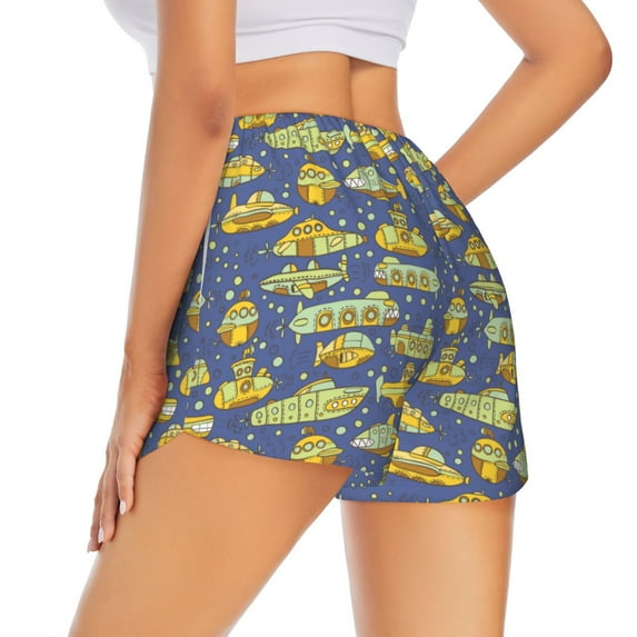 Lsque Cartoon Submarines Printed Women's Running Shorts with Liner Pockets,Elastic Quick Dry Workout Athletic Gym Yoga Shorts,Womens High Waist Shorts-Small