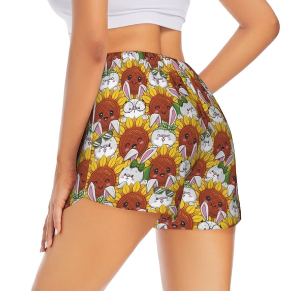 Lsque Cartoon Sunflowers Printed Women's Running Shorts with Liner Pockets,Elastic Quick Dry Workout Athletic Gym Yoga Shorts,Womens High Waist Shorts-XX-Large