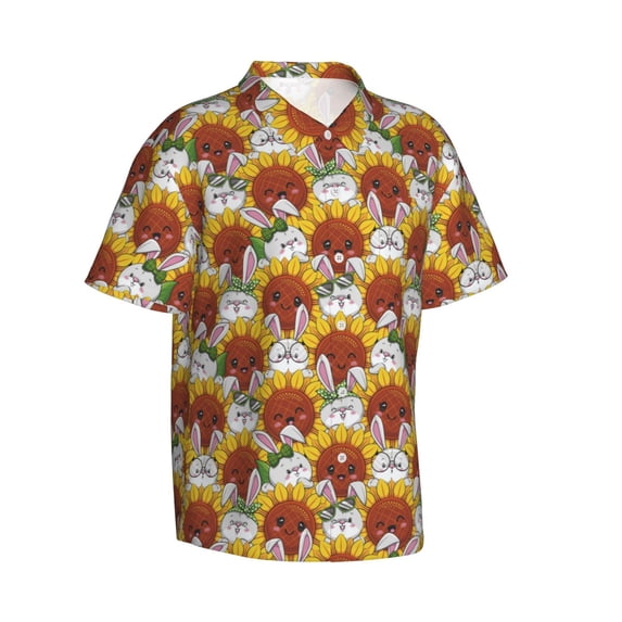 Lsque Cartoon Sunflowers pattern Hawaiian Shirt for Men, Unisex Summer Beach Casual Short Sleeve Button Down Shirts-X-Large